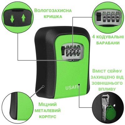 Антивандальний зовнішній міні сейф для ключів uSafe KS-03, з кодовим замком, настінний, Зелений