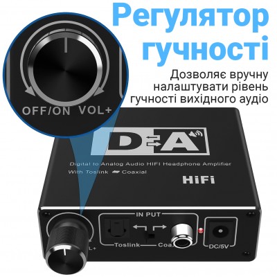 Конвертер звукового сигналу Addap DAC-02, ЦАП-перетворювач аудіо з Toslink (SPDIF) та коаксіального на RCA + mini Jack + SPDIF + коаксіал