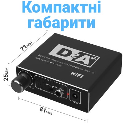 Конвертер звукового сигналу Addap DAC-02, ЦАП-перетворювач аудіо з Toslink (SPDIF) та коаксіального на RCA + mini Jack + SPDIF + коаксіал