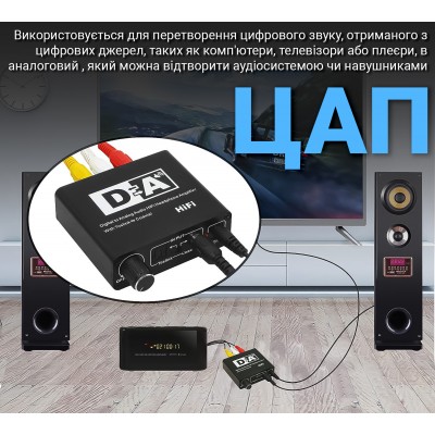 Конвертер звукового сигналу Addap DAC-02, ЦАП-перетворювач аудіо з Toslink (SPDIF) та коаксіального на RCA + mini Jack + SPDIF + коаксіал