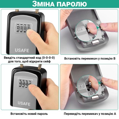 Підвісний зовнішній міні сейф uSafe KS-07 для ключів, з кодовим замком та гнучким тросом, Сірий