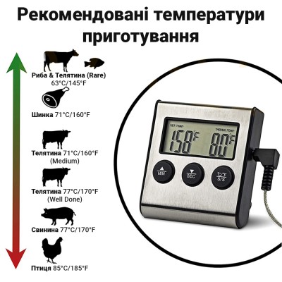 Кухонний термометр з виносним щупом + таймер UChef TP-700, для м'яса, з магнітом і сигналізатором