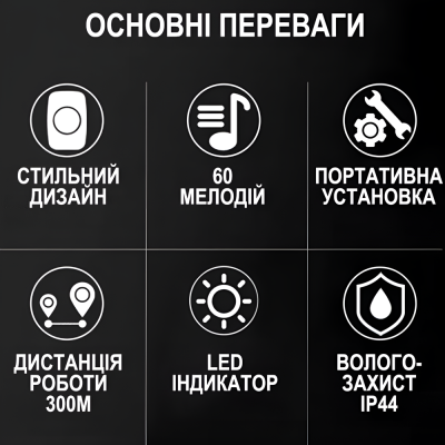 Бездротовий дверний дзвінок Digital Lion WDB-12, 60 мелодій, до 300м, чорний