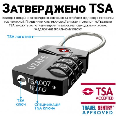 Замок підвісний для багажу з гнучким тросом USafe CP-04-TSA, зі змінним 3-значним кодом та підтримкою TSA ключа