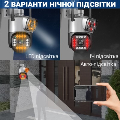 Подвійна поворотна вулична WiFi камера відеоспостереження uSafe OC-04DL-PTZ, з 2 об'єктивами, 4 МП, 1080P