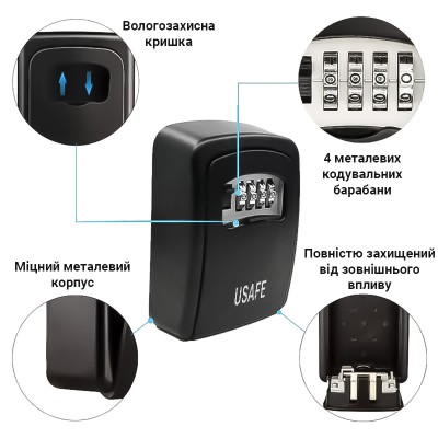 Антивандальний зовнішній міні сейф для ключів uSafe KS-03, з кодовим замком, настінний, Чорний