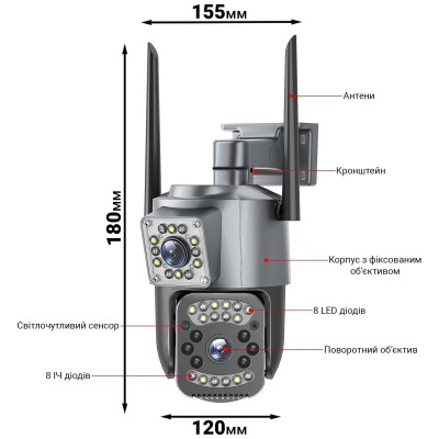 Подвійна поворотна вулична WiFi камера відеоспостереження uSafe OC-05DL-PTZ, з 2 об'єктивами, 4 МП, 1080P