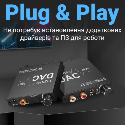 Цифро-аналоговий перетворювач звукового сигналу з оптичного Toslink (SPDIF) та коаксіального на RCA та mini Jack 3.5 мм Addap DAC-01