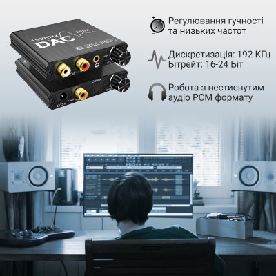Цифро-аналоговий перетворювач звукового сигналу з оптичного Toslink (SPDIF) та коаксіального на RCA та mini Jack 3.5 мм Addap DAC-01