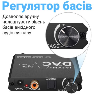 Цифро-аналоговий перетворювач звукового сигналу з оптичного Toslink (SPDIF) та коаксіального на RCA та mini Jack 3.5 мм Addap DAC-01