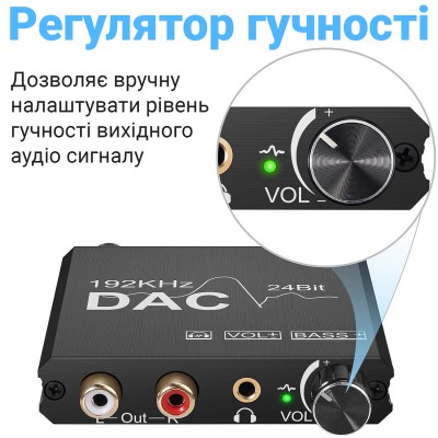 Цифро-аналоговий перетворювач звукового сигналу з оптичного Toslink (SPDIF) та коаксіального на RCA та mini Jack 3.5 мм Addap DAC-01