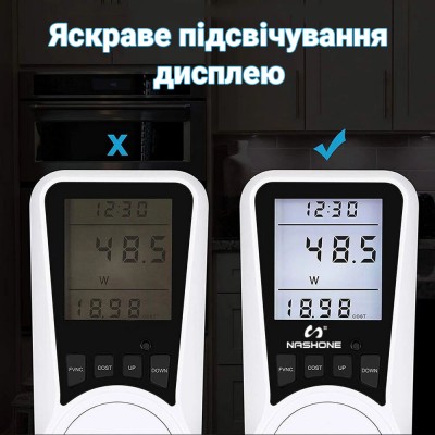 Розетка з лічильником електроенергії | енергометр ватметр побутовий Gerui KP-PMB09L, з підсвічуванням дисплея, White